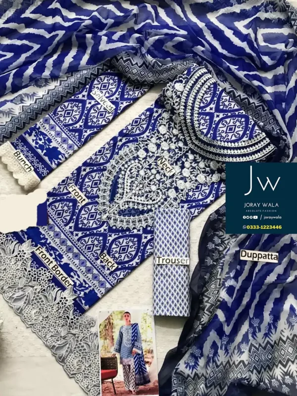 Partywear fancy lawn Zainab chottani Blue Emb Dress 3pc with free delivery available at joraywala