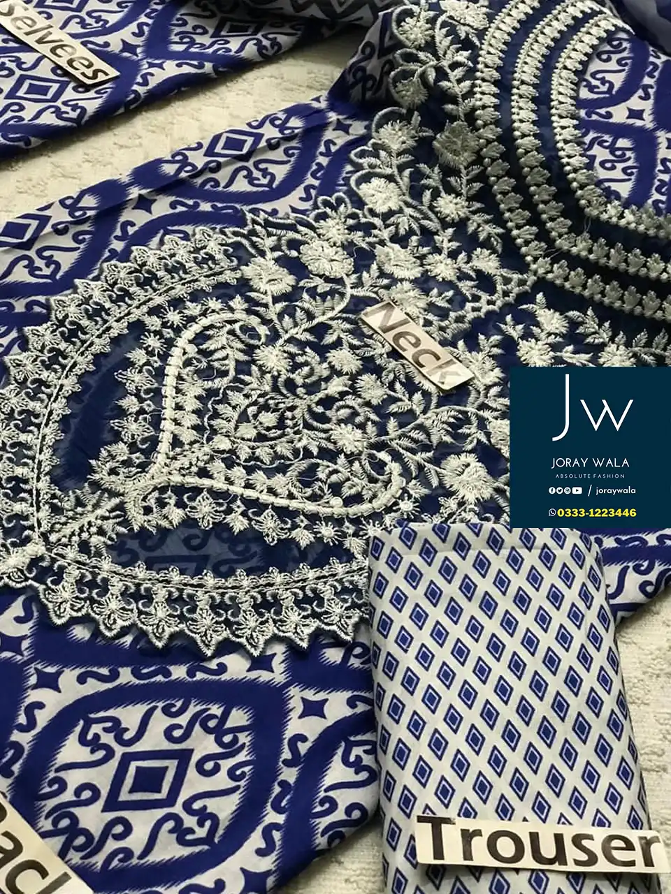 Partywear fancy lawn Zainab chottani Blue Emb Dress 3pc with free delivery available at joraywala