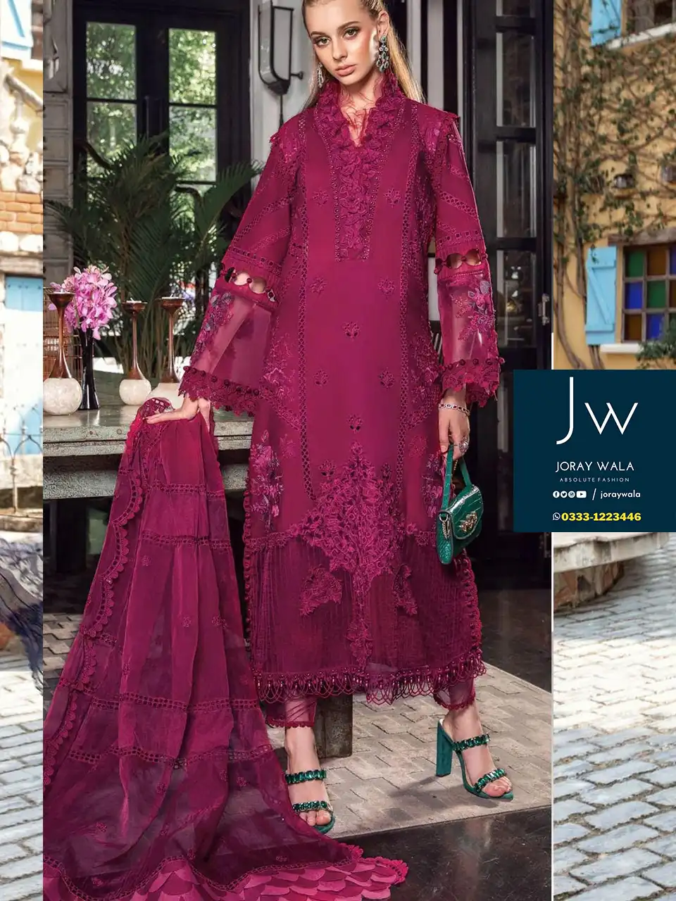 Fancy collton Lawn maria b hot pink 3pcs suit available at joraywala with free delivery all over Pakistan