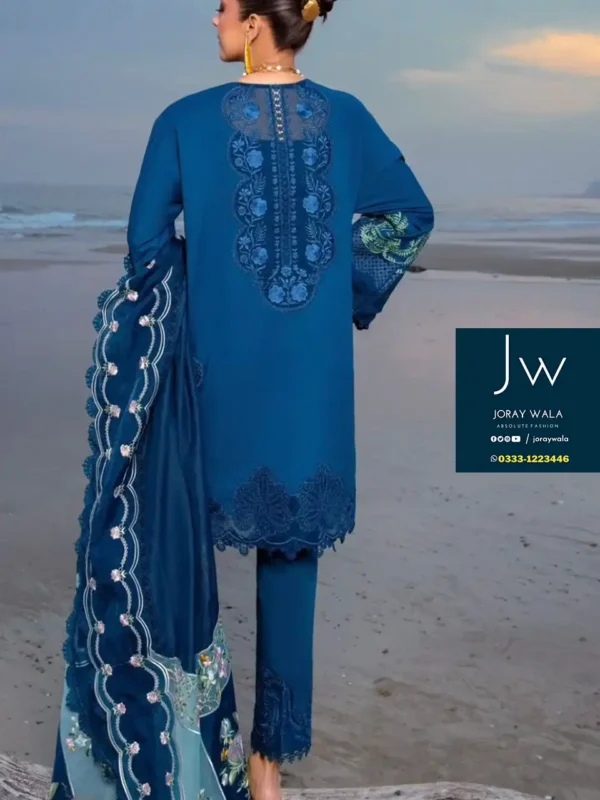 Fancy lawn Saira Shakira chickankari 3 Pcs, model wearing a blue suit available at joraywala with free delivery