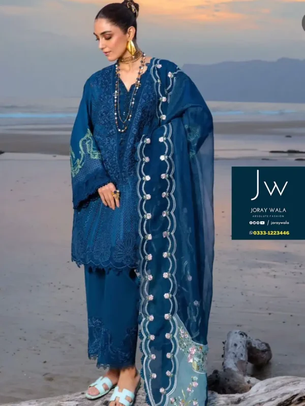 Fancy lawn Saira Shakira chickankari 3 Pcs, model wearing a blue suit available at joraywala with free delivery