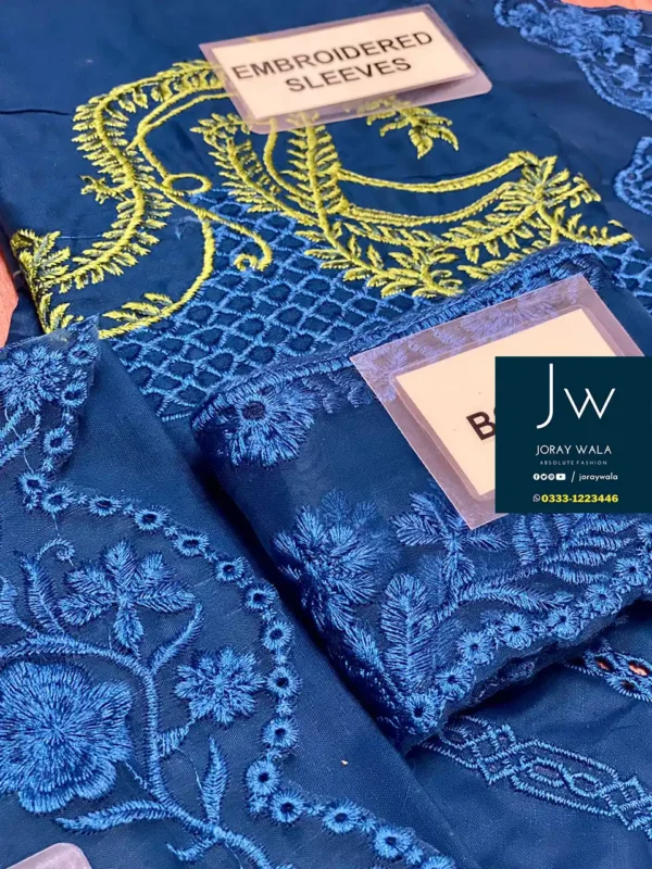 Fancy lawn Saira Shakira chickankari 3 Pcs, model wearing a blue suit available at joraywala with free delivery