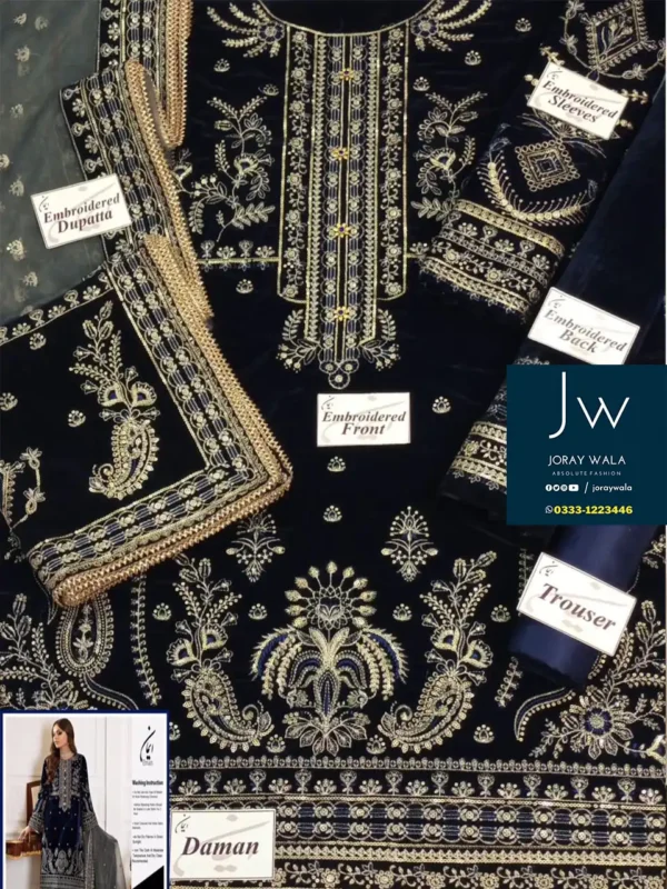 Heavy party wear baroque velvet emb. 3pcs festive collection, beautiful suit available at joraywala with free delivery all over Pakistan