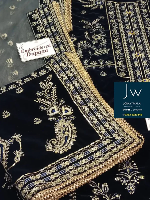 Heavy party wear baroque velvet emb. 3pcs festive collection, beautiful suit available at joraywala with free delivery all over Pakistan