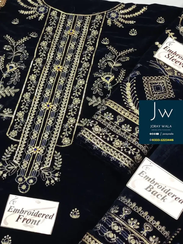 Heavy party wear baroque velvet emb. 3pcs festive collection, beautiful suit available at joraywala with free delivery all over Pakistan