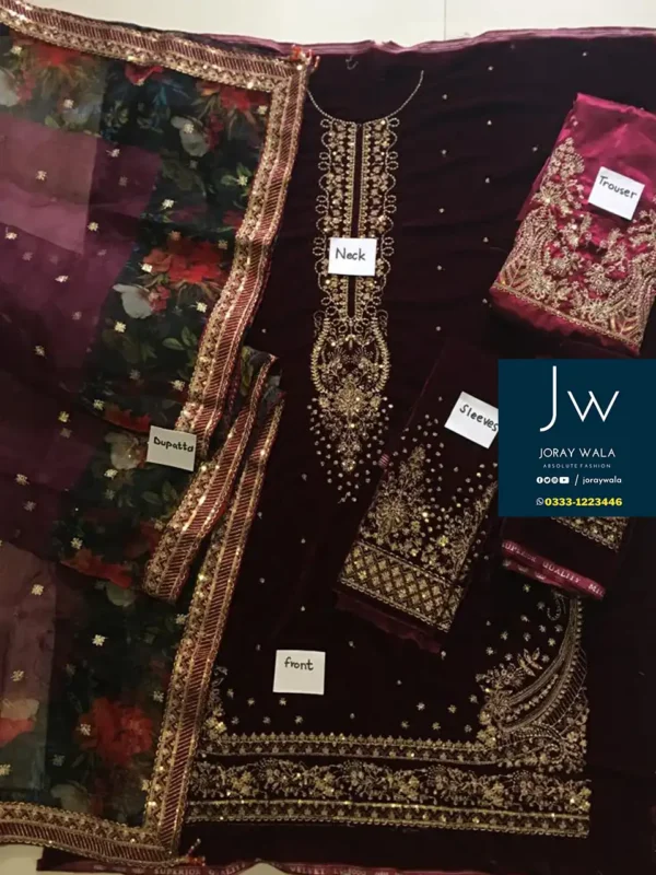 Partywear velvet Jazmin 3 pcs suit, model wearing a maroon velvet suit available at joraywala with free delivery