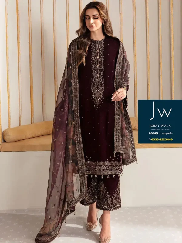 Partywear velvet Jazmin 3 pcs suit, model wearing a maroon velvet suit available at joraywala with free delivery