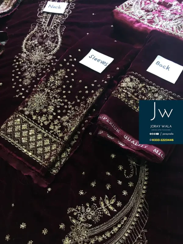 Partywear velvet Jazmin 3 pcs suit, model wearing a maroon velvet suit available at joraywala with free delivery