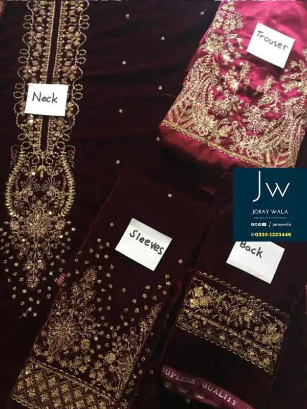 Partywear velvet Jazmin 3 pcs suit, model wearing a maroon velvet suit available at joraywala with free delivery