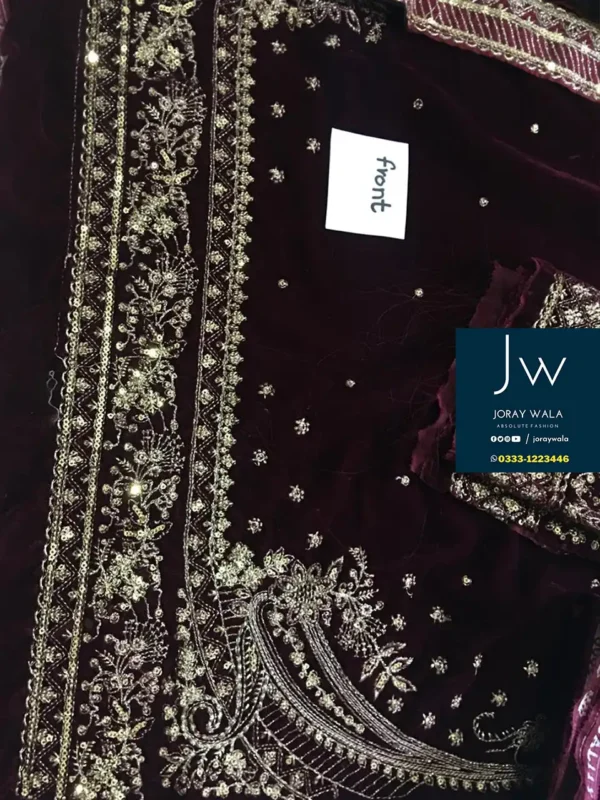 Partywear velvet Jazmin 3 pcs suit, model wearing a maroon velvet suit available at joraywala with free delivery