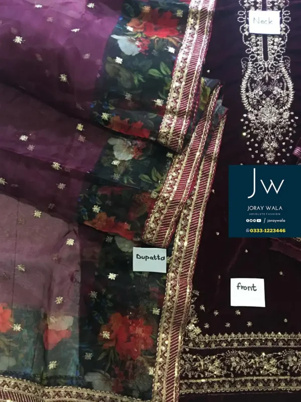 Partywear velvet Jazmin 3 pcs suit, model wearing a maroon velvet suit available at joraywala with free delivery