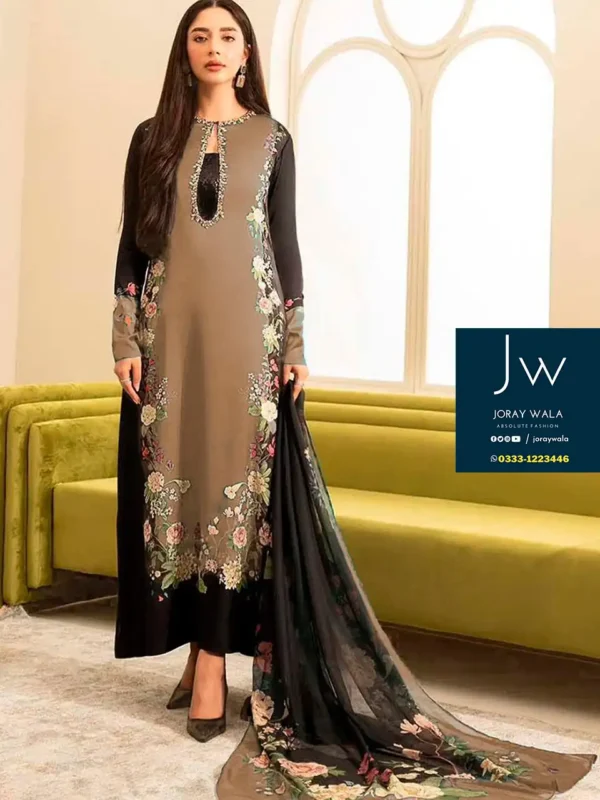 Partywear lulusar Silk digital Printed emb. Coffee 3pcs available at joraywala wit free delivery all over Pakistan