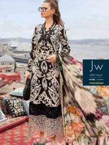 Partywear Fancy Maria b Emb. 3 Pcs cream & black mastercopy design available at joraywala with free delivery