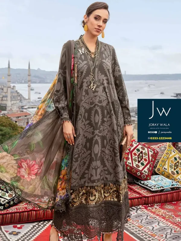 Partywear Fancy Maria b Emb. 3 Pcs gray black mastercopy design available at joraywala with free delivery