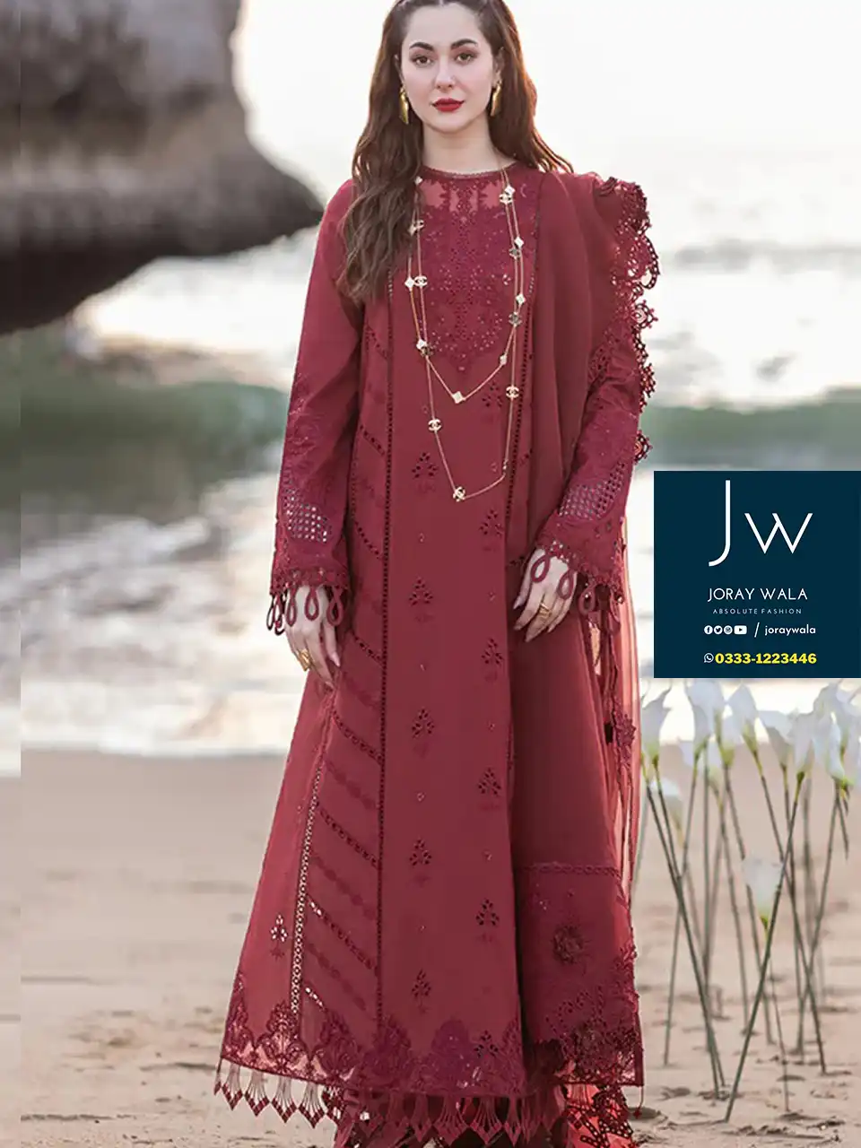 hania amir wear a beautiful Partywear fancy luxury emb lawn 3pc organza dupatta available with free delivery at joraywala