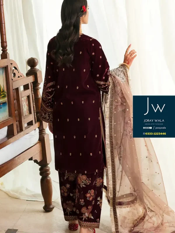 Heavy party wear velvet baroque emb. 3pcs model wearing a maroon velvet suit available at joraywala with free delivery