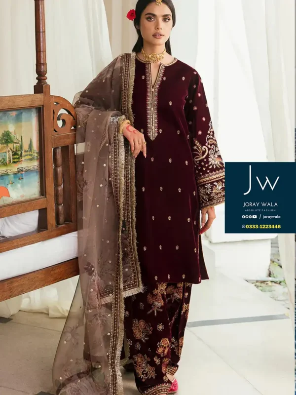 Heavy party wear velvet baroque emb. 3pcs model wearing a maroon velvet suit available at joraywala with free delivery