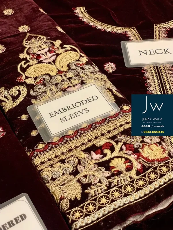 Heavy party wear velvet baroque emb. 3pcs model wearing a maroon velvet suit available at joraywala with free delivery