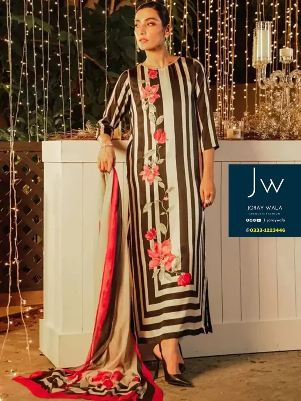 Partywear Lulusar hand embroidered silk 3 pcs Suit, black and white lulusar design available at joraywala with free delivery