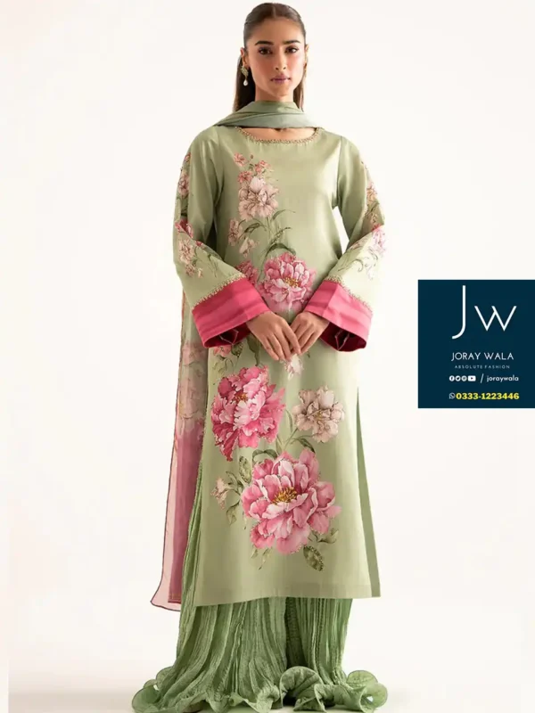 Partywear Lulusar hand embroidered silk 3 pcs mint green suit available at joraywala