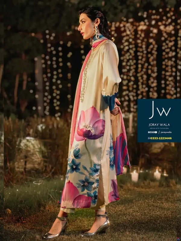 Partywear lulusar digital printed silk naul long 3 pcs suit with free delivery at joraywala