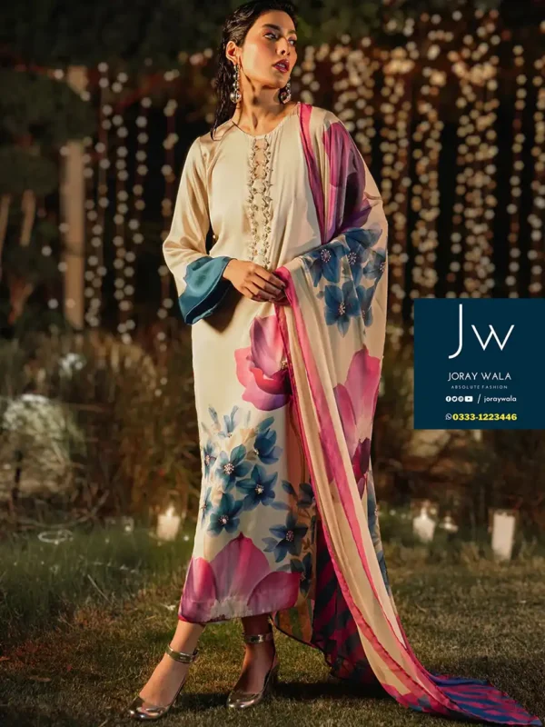 Partywear lulusar digital printed silk naul long 3 pcs suit with free delivery at joraywala