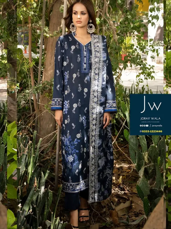 Zesh cutwork embroidered lawn drop 4 D2, beautiful nacy blue and blur with white, available at joraywala with free delivery