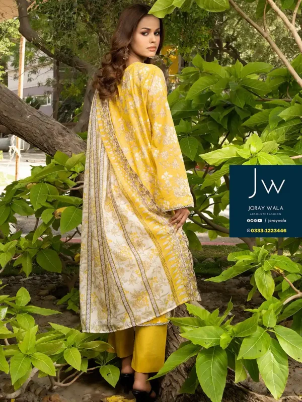 Zesh cutwork embroidered lawn drop 4 D3, beautiful yellow and with 3pcs suit, available at joraywala with free delivery