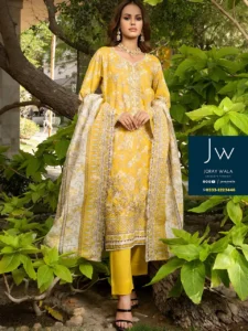 Zesh cutwork embroidered lawn drop 4 D3, beautiful yellow and with 3pcs suit, available at joraywala with free delivery