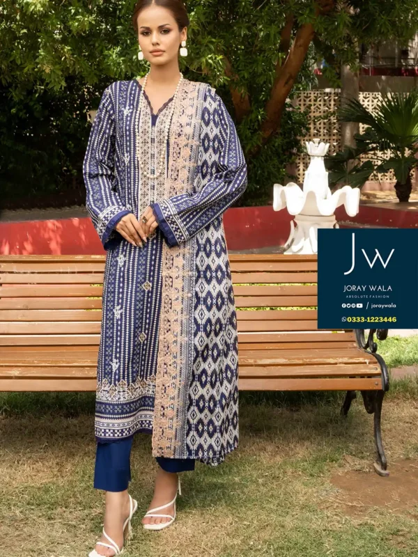 Zesh cutwork embroidered lawn drop 4 D4 beautiful blue 3pcs suit, available at joraywala with free delivery