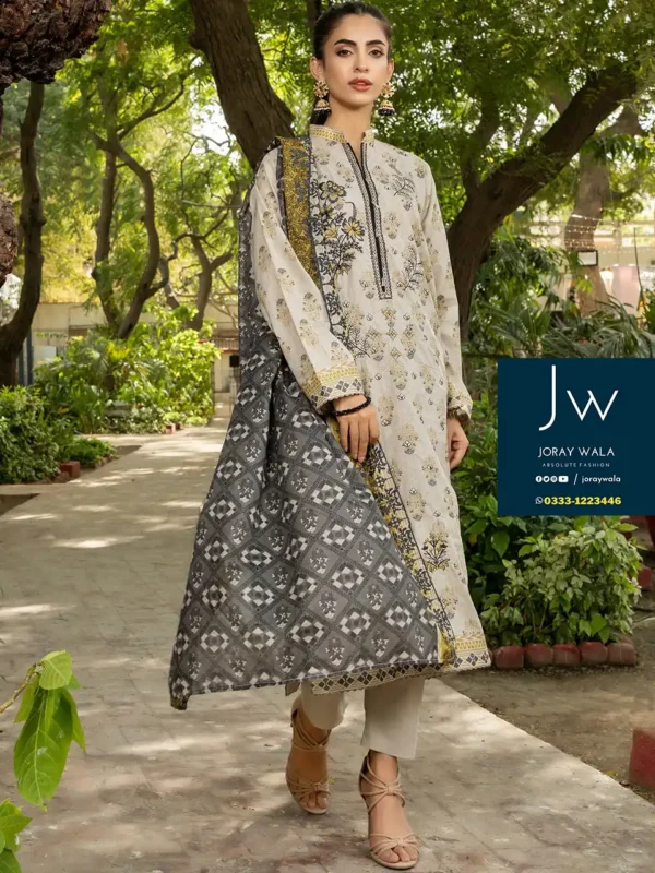 Zesh cutwork embroidered lawn drop 4 D5 beautiful gray 3pcs suit, available at joraywala with free delivery