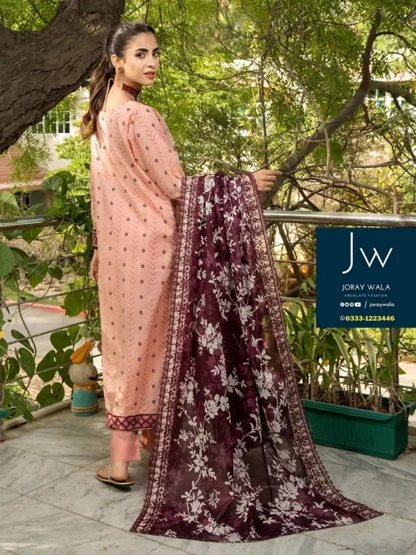 Zesh cutwork embroidered lawn drop 4 D7 beautiful peach and maroon 3pcs suit, available at joraywala with free delivery