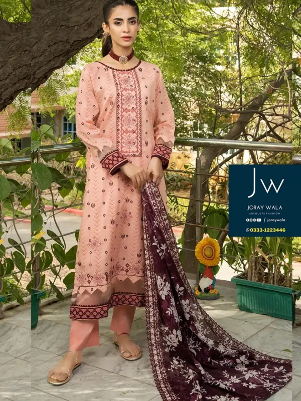 Zesh cutwork embroidered lawn drop 4 D7 beautiful peach and maroon 3pcs suit, available at joraywala with free delivery