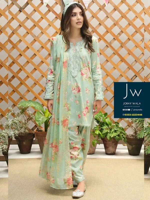 Printed swiss lawn farida hasan aqua floral 3 Pcs beautiful suit with free delivery available atn joraywala