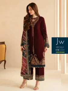 Partywear velvet Jazmin 3 pcs Embroidered suit with free delivery available at joraywala