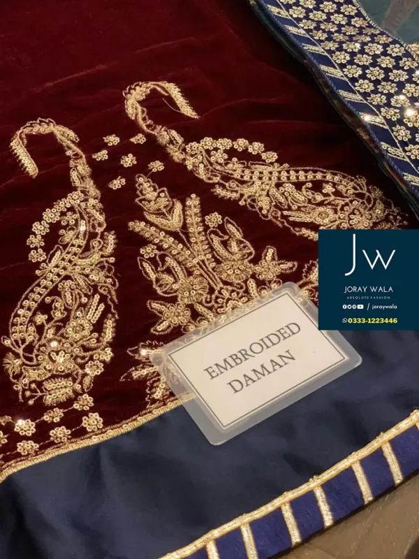 Partywear velvet Jazmin 3 pcs Embroidered suit with free delivery available at joraywala