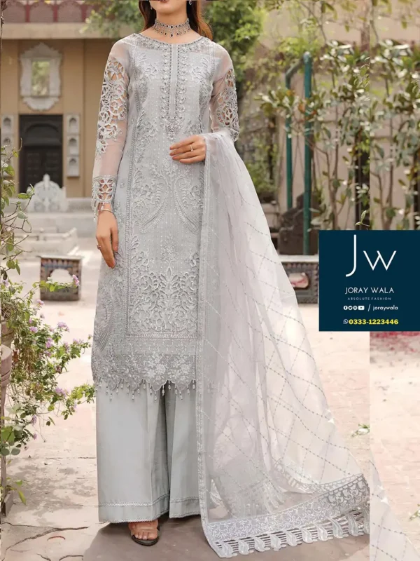 Partywear Maryam 3 pcs Organza suit mastercopy available at joraywala with free delivery