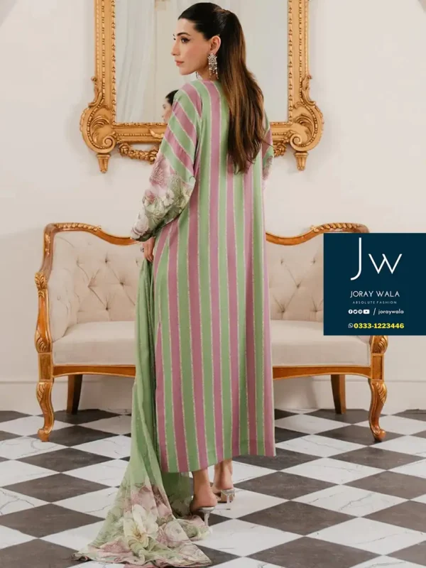 Partywear lulusar digital printed silk 3 pcs suit with free delivery at joraywala