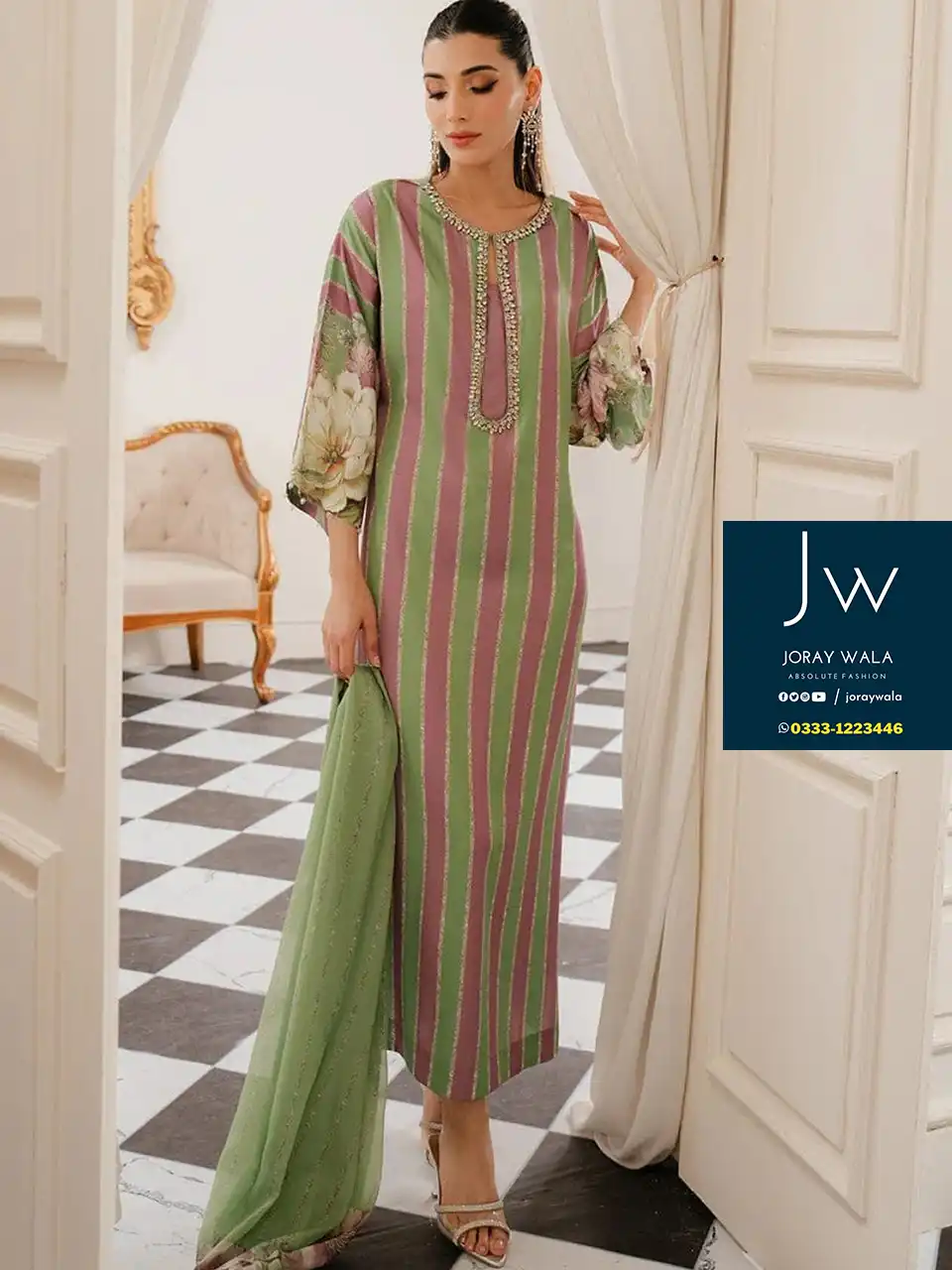 Partywear lulusar digital printed silk 3 pcs suit with free delivery at joraywala