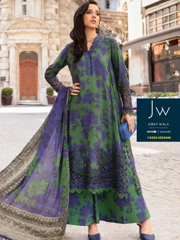 Fancy lawn 3 Piece Printed emb. suit mastercopy with free delivery available at joraywala