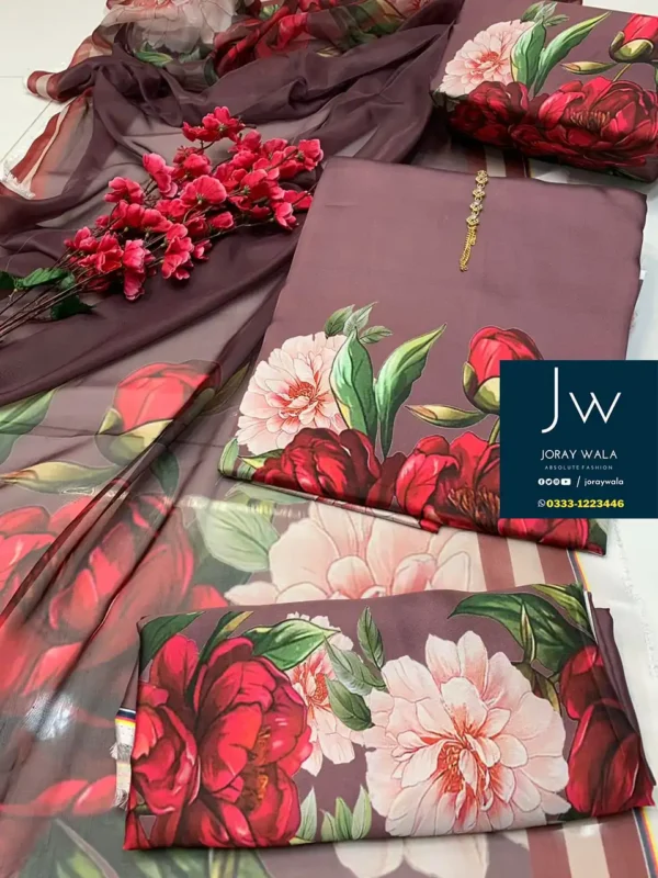 Partywear 3 pcs printed silk with silk dupatta Floral with free delivery available at joraywala