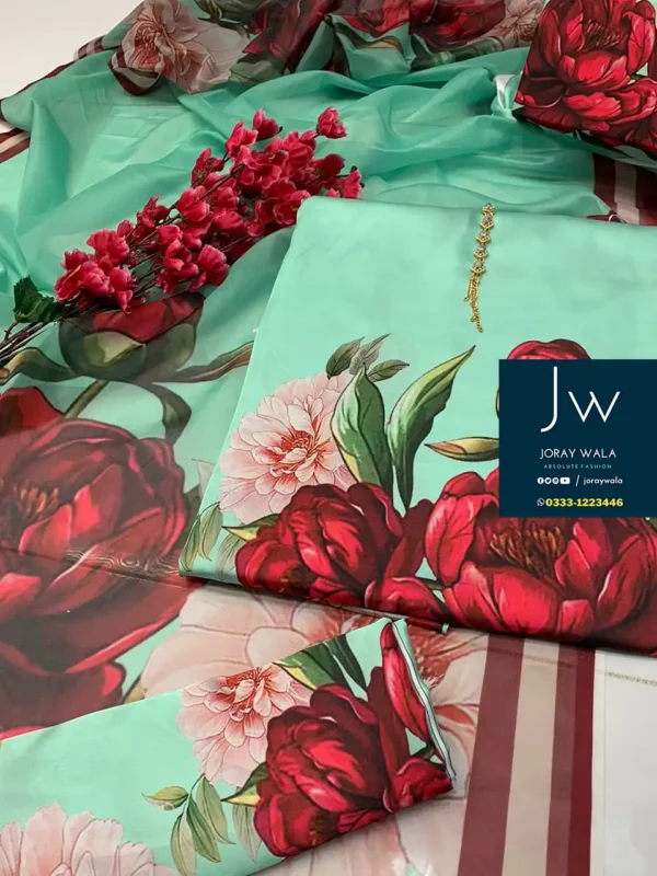 Partywear 3 pcs printed silk with silk dupatta Floral with free delivery available at joraywala