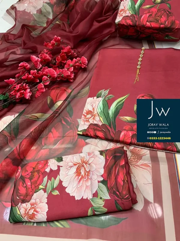 Partywear 3 pcs printed silk with silk dupatta Floral with free delivery available at joraywala