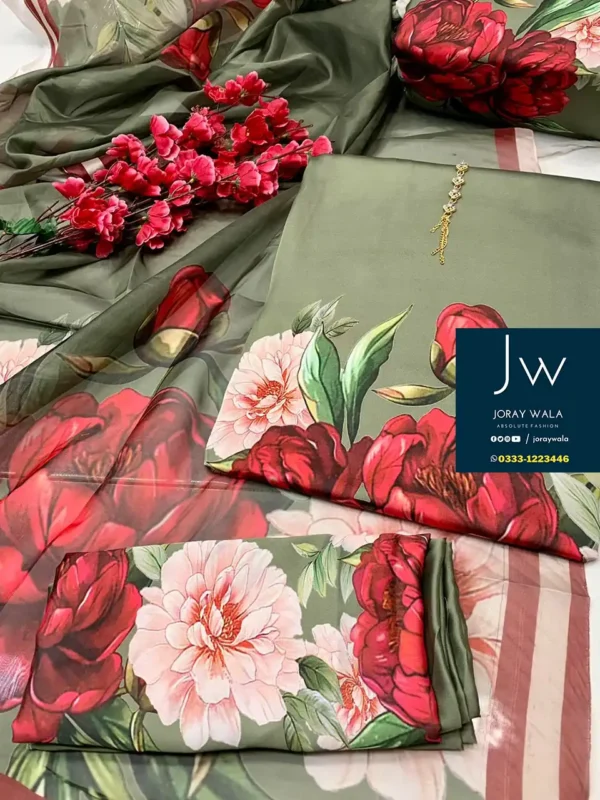 Partywear 3 pcs printed silk with silk dupatta Floral with free delivery available at joraywala