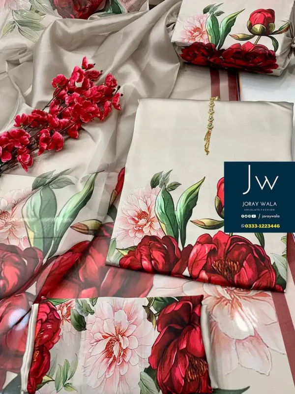 Partywear 3 pcs printed silk with silk dupatta Floral with free delivery available at joraywala