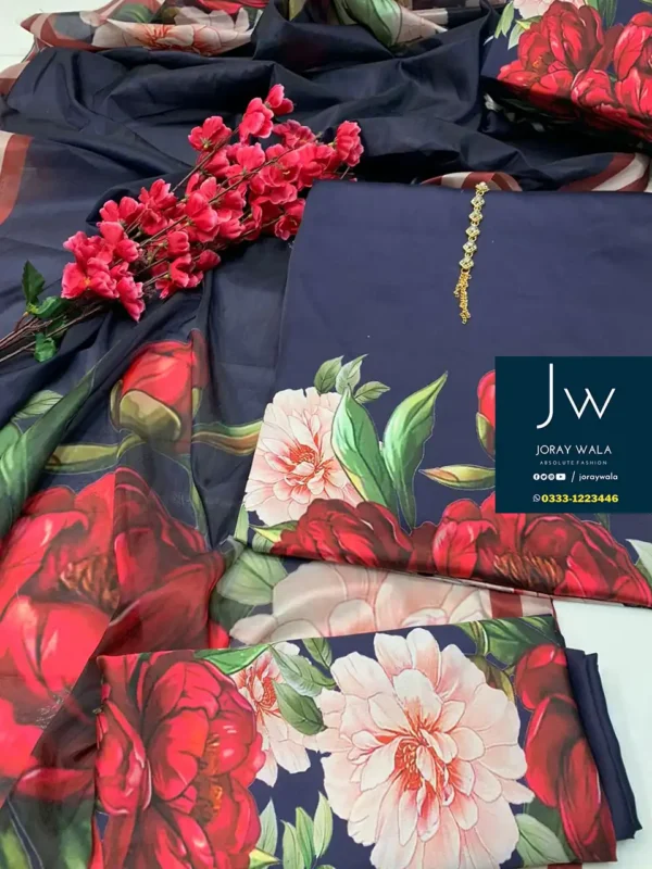 Partywear 3 pcs printed silk with silk dupatta Floral with free delivery available at joraywala