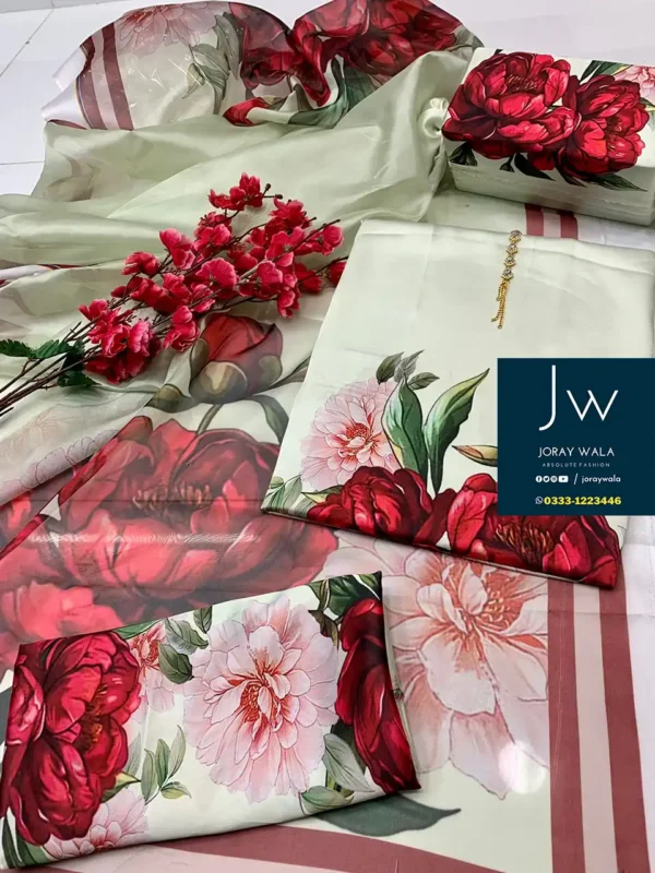 Partywear 3 pcs printed silk with silk dupatta Floral with free delivery available at joraywala