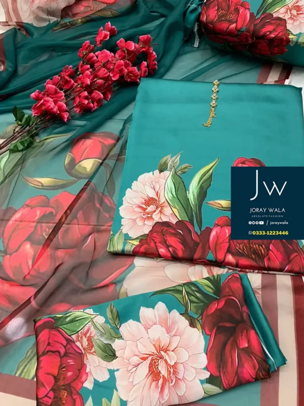 Partywear 3 pcs printed silk with silk dupatta Floral with free delivery available at joraywala