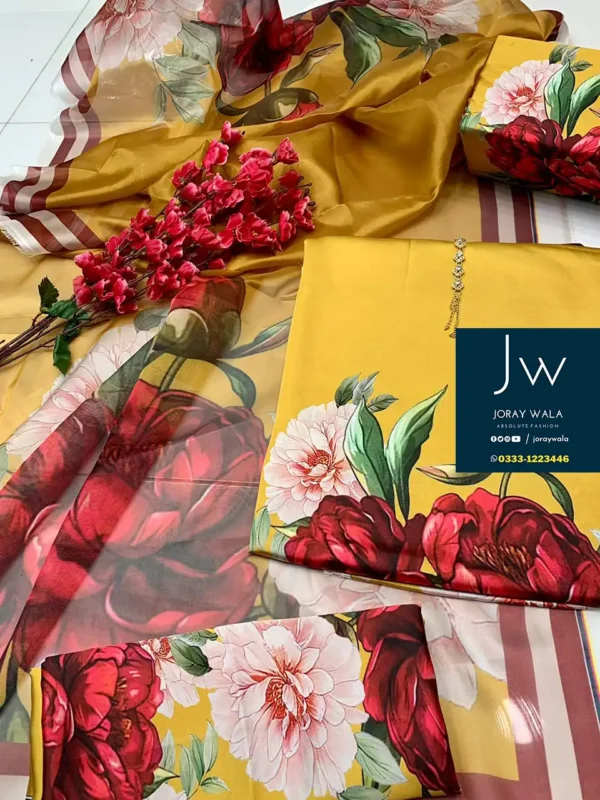 Partywear 3 pcs printed silk with silk dupatta Floral with free delivery available at joraywala