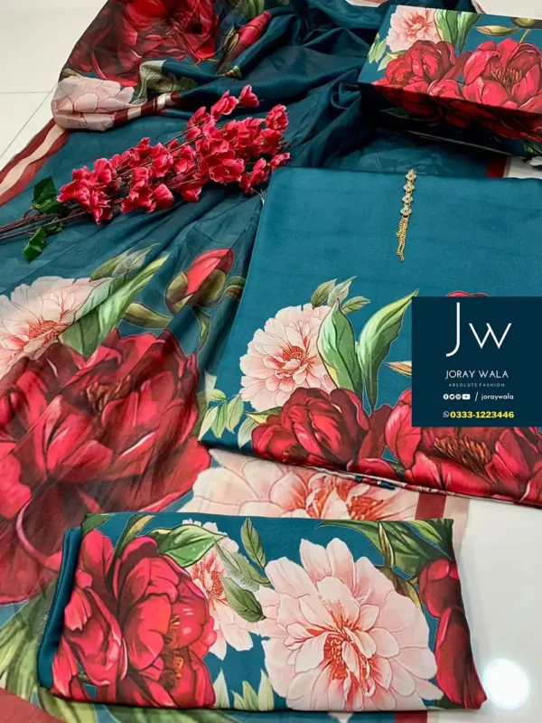 Partywear 3 pcs printed silk with silk dupatta Floral with free delivery available at joraywala